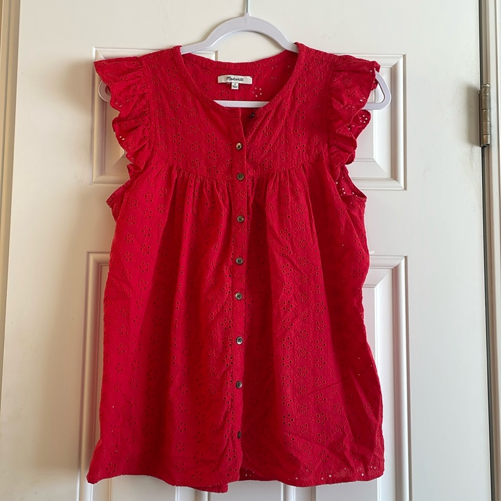 Madewell Red Eyelet Ruffle Sleeveless Top Sz S